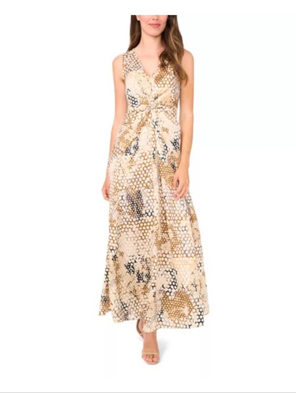 1.STATE Large NWT Abstract Dot Print Tie Front Maxi Dress Brown Taupe $129